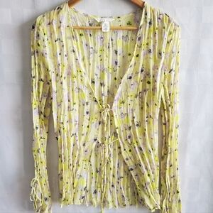 H&M Ditsy Floral Open Layering Top Yellow Purple Front ties Crushed Pleats
